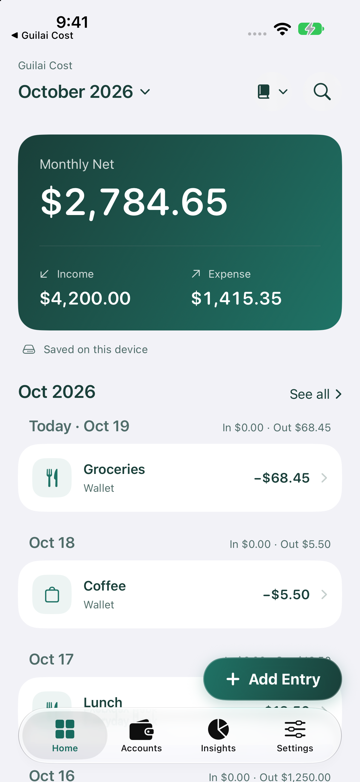 Guilai Cost home screen showing a fictional monthly budget and daily transactions